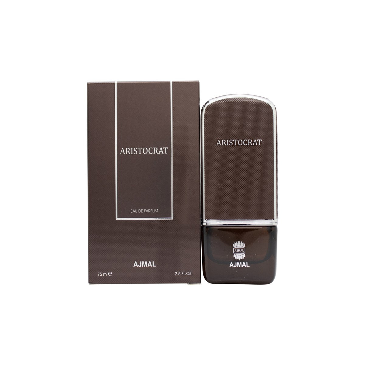 Aristocrat Eau De Parfum, Ajmal 75 ml sort rektangulær flakon med guldfarvet geometrisk mønster og matchende låg