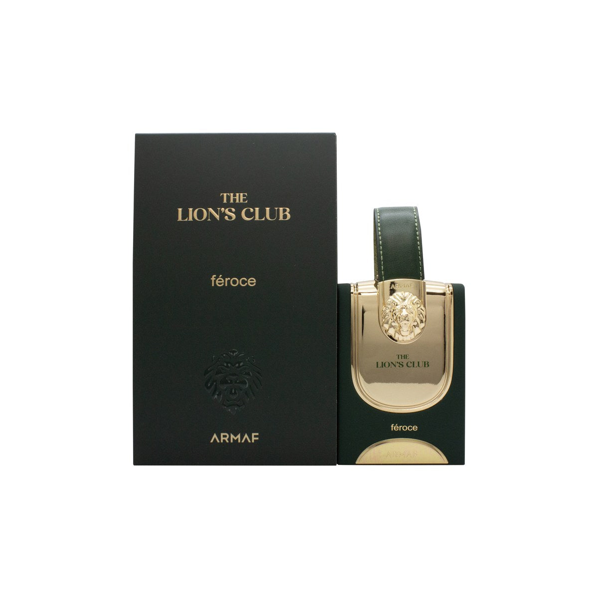 Armaf Lions Club Feroce Eau De Parfum 100 ml – sort, kantet flakon med gyldent løvehoved og matchende sort låg.