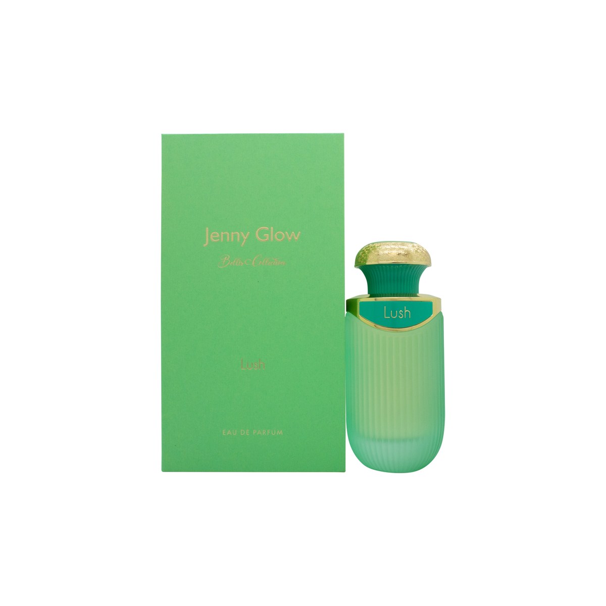 Jenny Glow Lush Eau De Parfum 100ml – klar rektangulær glasflaske med sølvfarvet låg og lys rosé væske