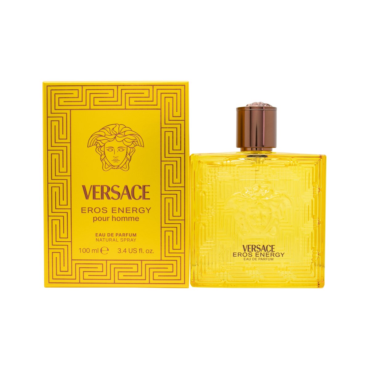 Versace Eros Energy Eau De Parfum, Versace, 100 ml – firkantet gul flaske med Medusa-logo og græsk mønster