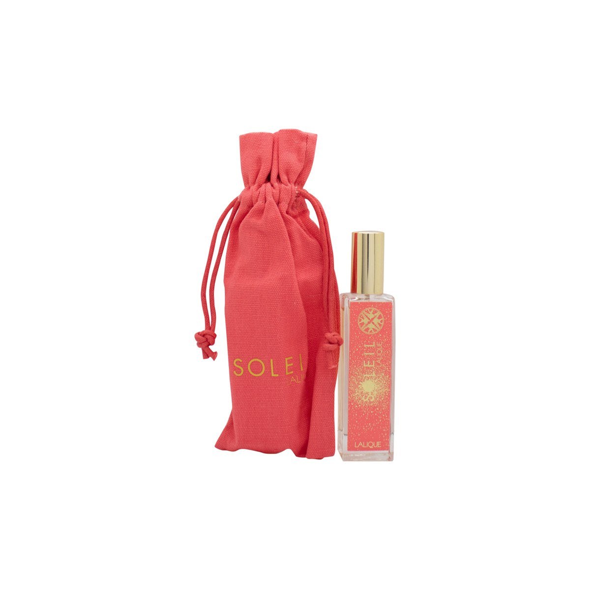 Lalique Soleil Eau de Parfum, Lalique, 15 ml – klar flakon med gylden solmotiv, varm ferskenfarvet duft og rund guldkapsel.