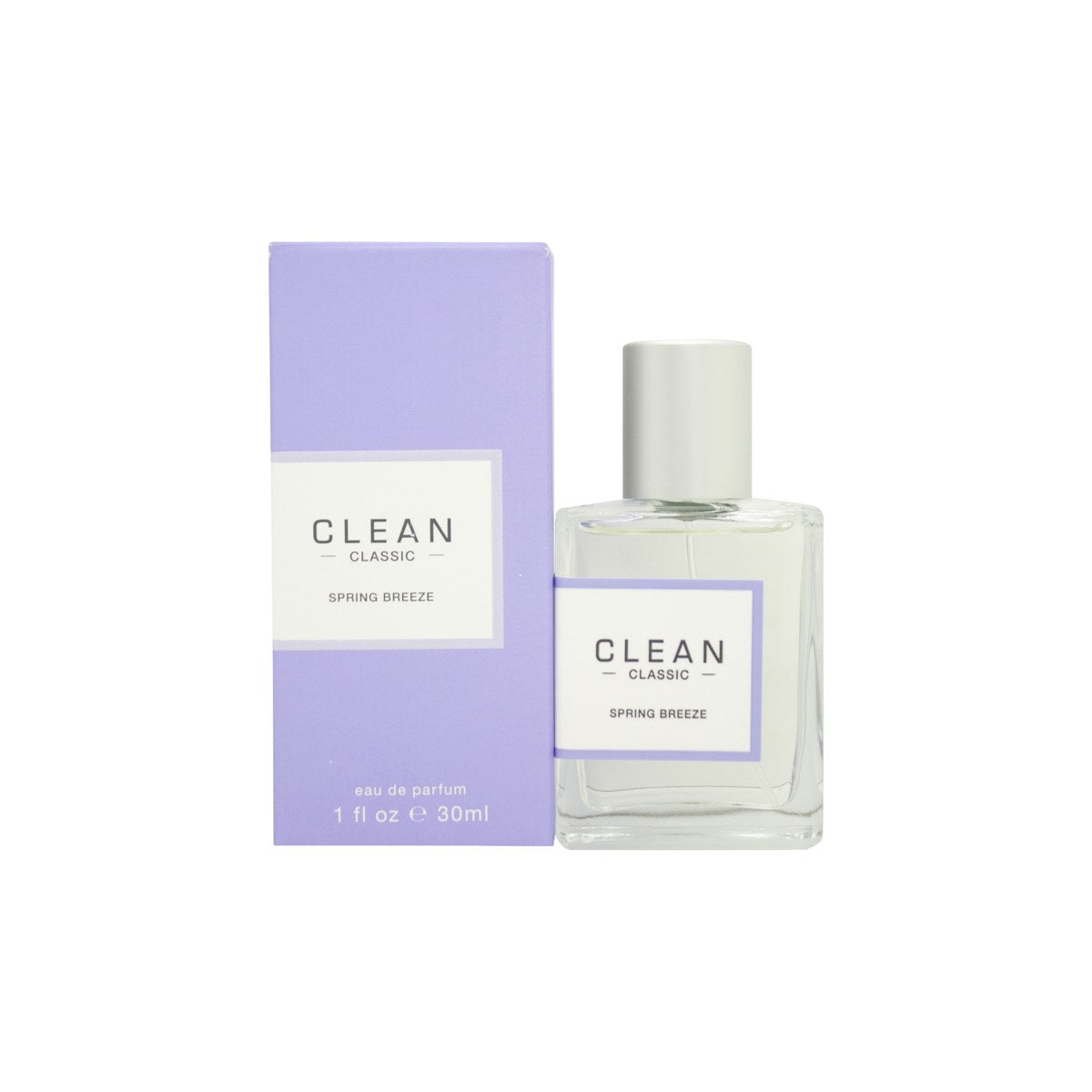 Clean Classic Spring Breeze Eau de Parfum, Clean, 30 ml –klar glasflaske med sølvkork og lyseblå etiket, minimalistisk design