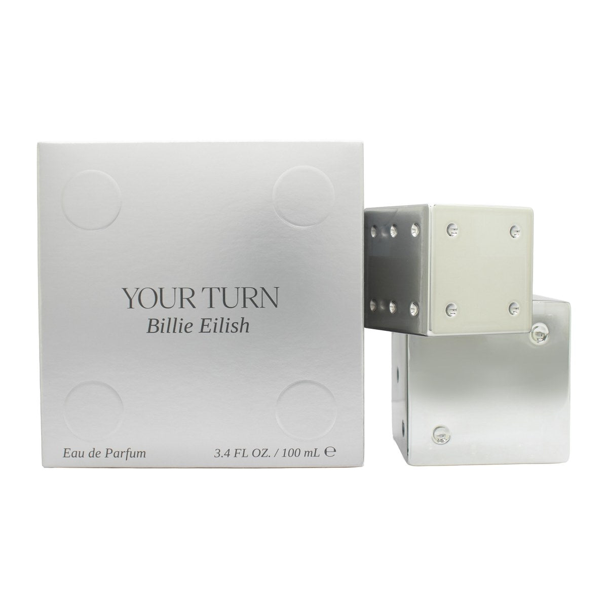 Billie Eilish Your Turn Eau de Parfum 100 ml – sølvfarvet terningformet flakon i blank metal med prikket relief og logo på top