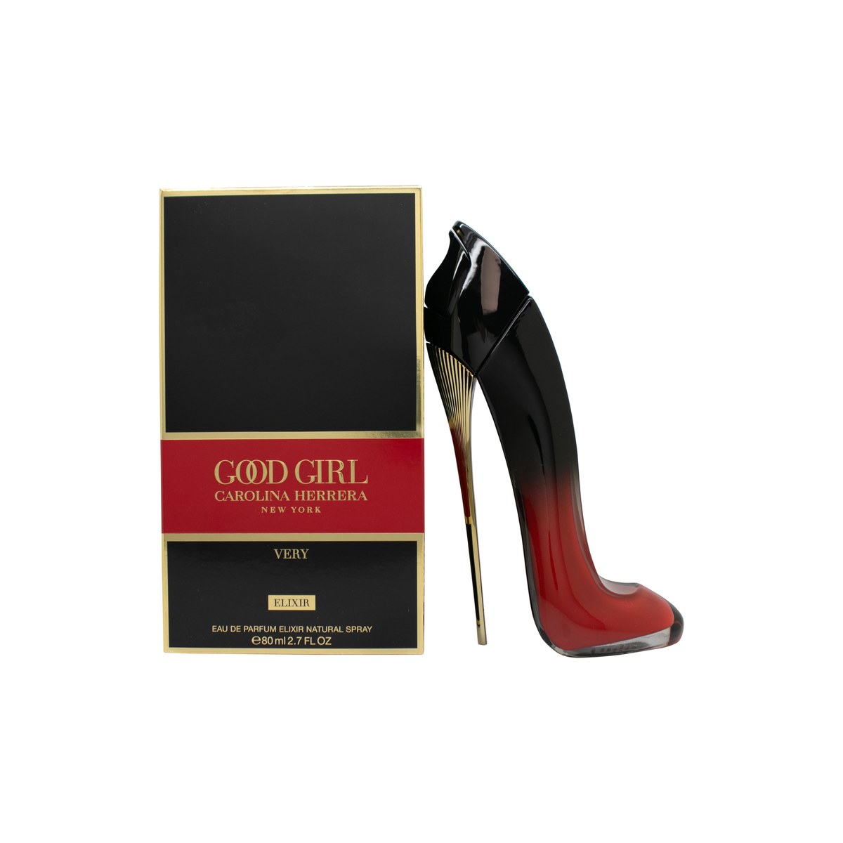 Very Good Girl Elixir Eau De Parfum Carolina Herrera 80 ml i højhælet flaske med rød-til-sort farvegradient og blank finish