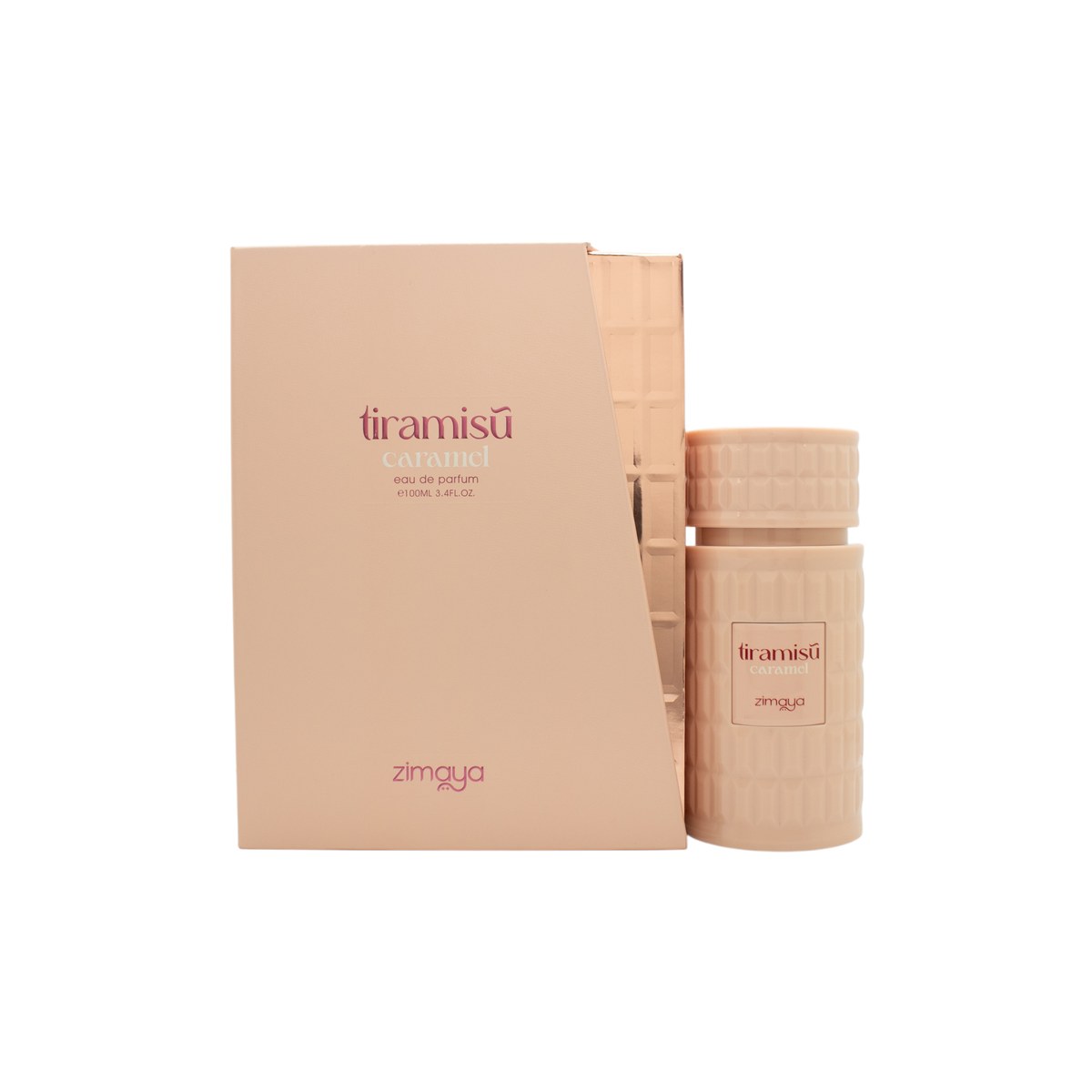 Zimaya Tiramisu Caramel Eau de Parfum, Zimaya, 100 ml – karamelfarvet glasflakon med gyldent låg og varm brun etiket.
