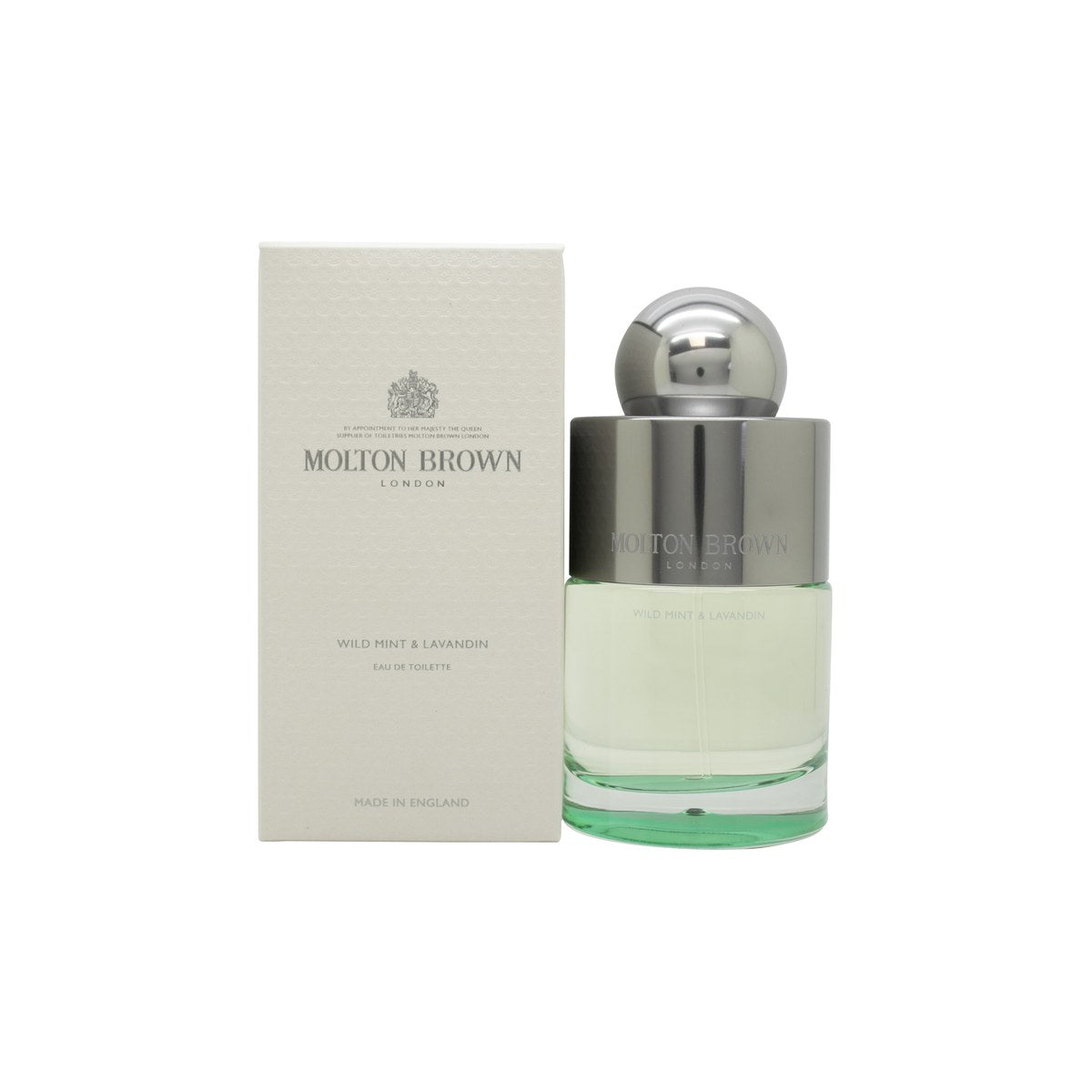 Molton Brown Wild Mint & Lavandin Eau de Toilette, Molton Brown, 100 ml – klar glasflaske med sølvprop og frisk grøn etiket