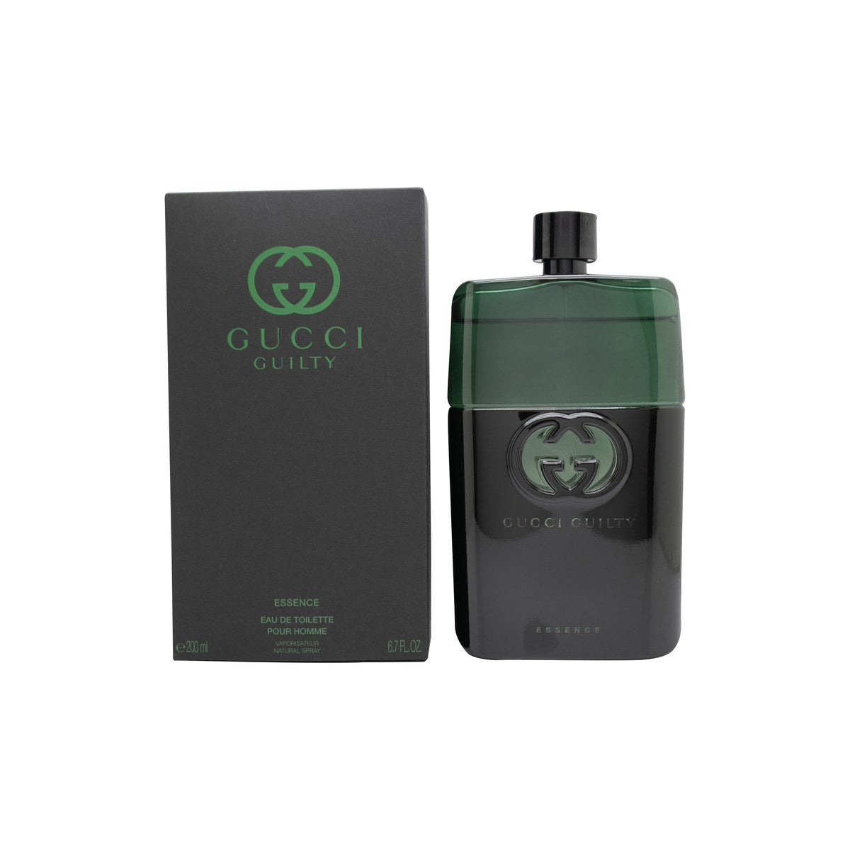 Gucci Guilty Essence Pour Homme Eau De Toilette 200 ml – mat grøn glasflakon med sølvlogo og afrundet sølvkapsel i minimalistisk design