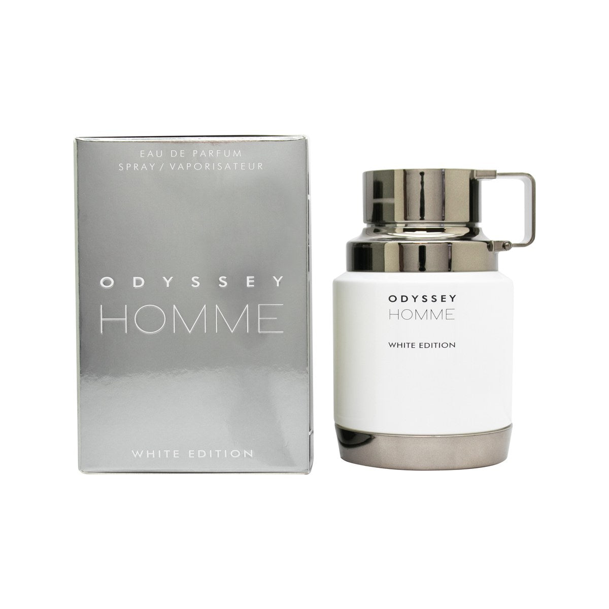 Armaf Odyssey Homme White Edition Eau de Parfum 60 ml fra Armaf – hvid rektangulær flakon med sølvfarvet låg og præget logo