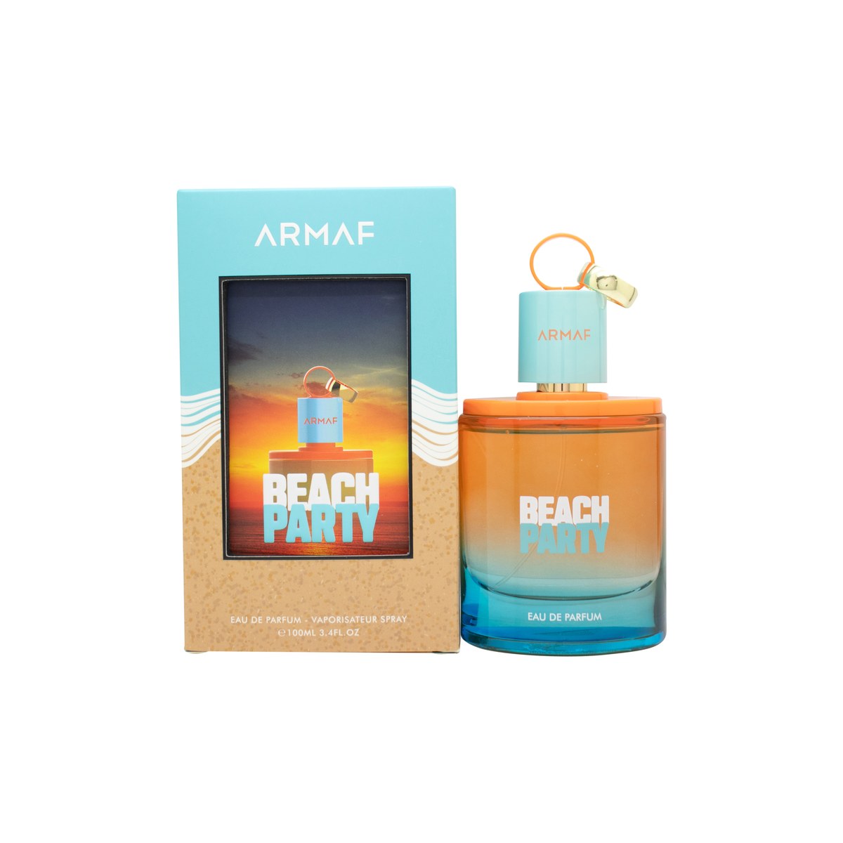Armaf Beach Party Eau De Parfum 100 ml fra Armaf – turkis flakon med geometrisk mønster og sølvfarvet låg