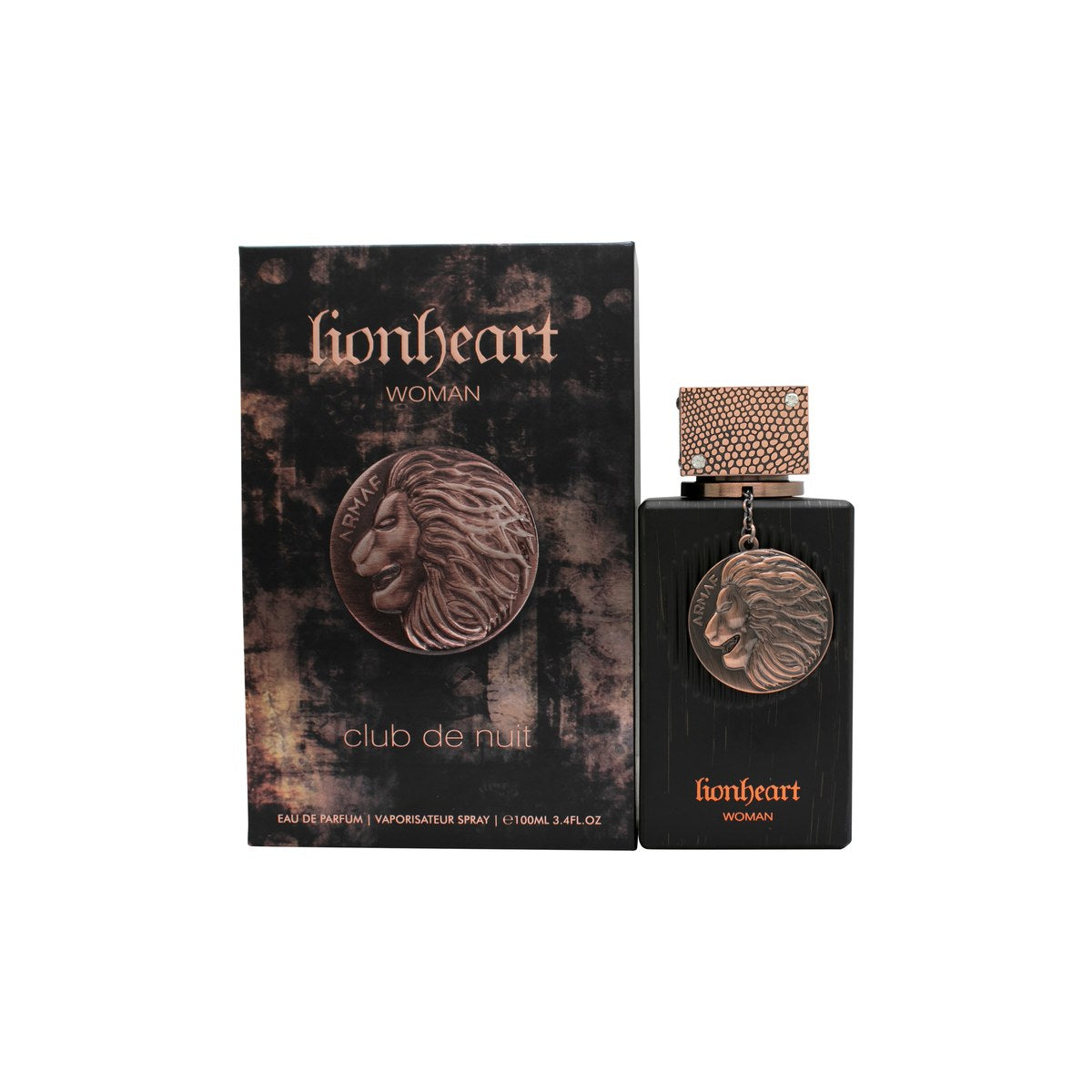 Armaf Club De Nuit Lionheart Woman Eau De Parfum, Armaf 100 ml, sort og gylden flakon med løveemblem og kantet design.