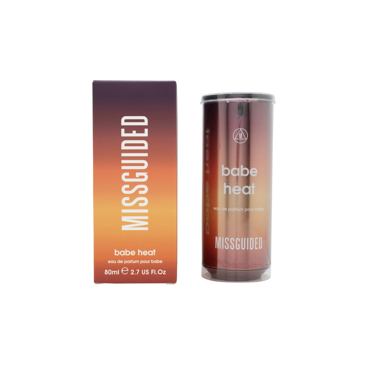 Missguided Babe Heat Eau de Parfum 80 ml, rektangulær flakon i orange-rosa gradient med guld spraytop og sort logotekst