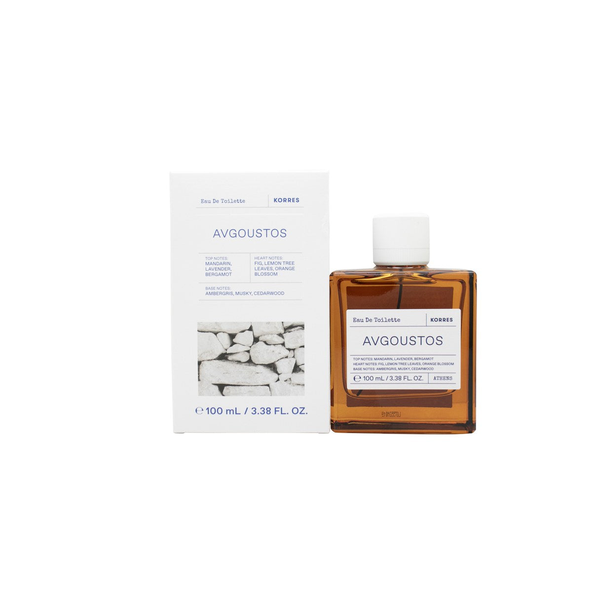 Korres Avgoustos Eau de Toilette 100 ml fra Korres, klar glasflaske med sort korkprop og enkel hvid etiket