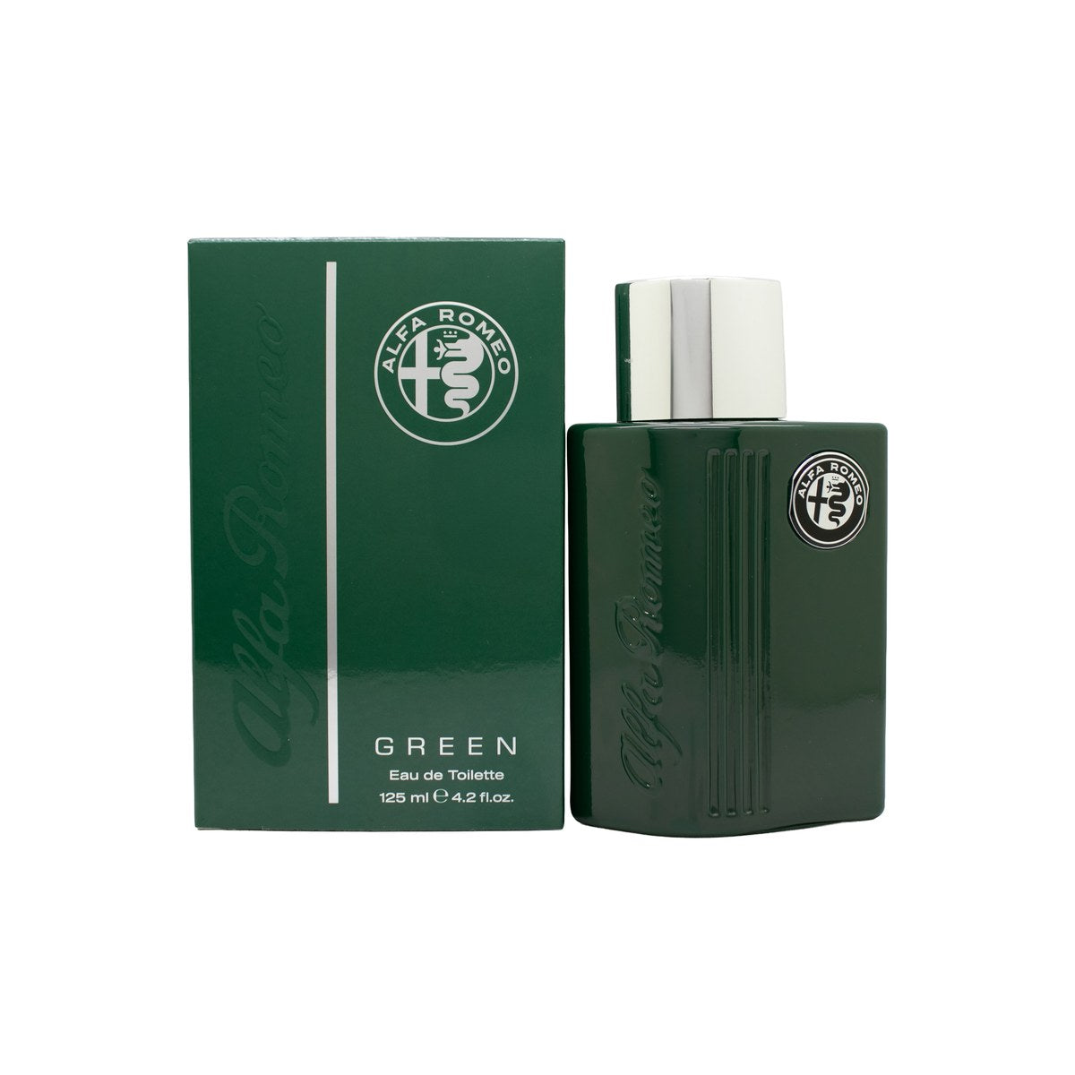 Alfa Romeo Green Eau de Toilette, Alfa Romeo, 125 ml – grøn glasflaske med sølvlogo og sort låg i enkelt design.