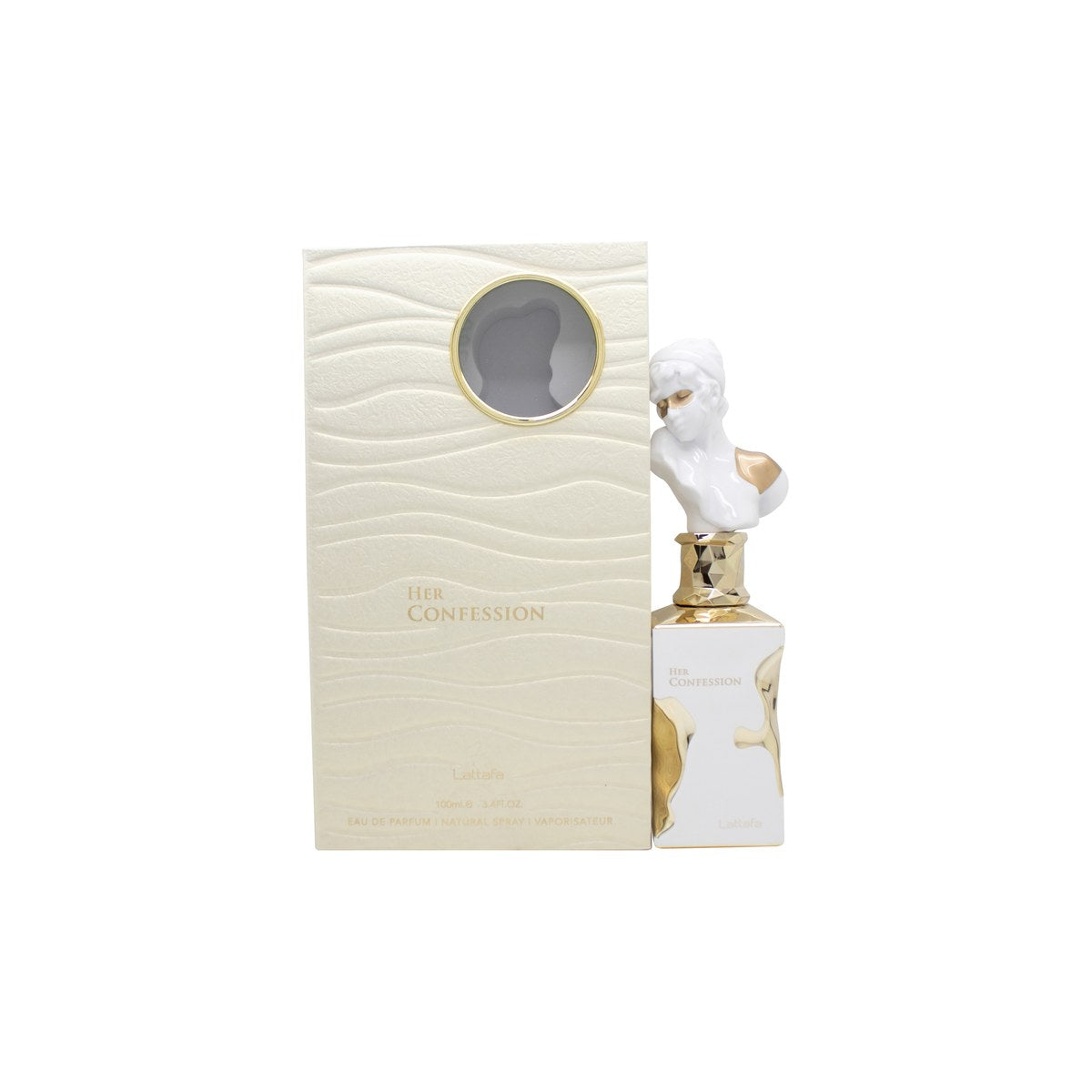 Lattafa Her Confession Eau de Parfum, Lattafa, 100 ml – blushrosa flakon med rund form og guldkork.
