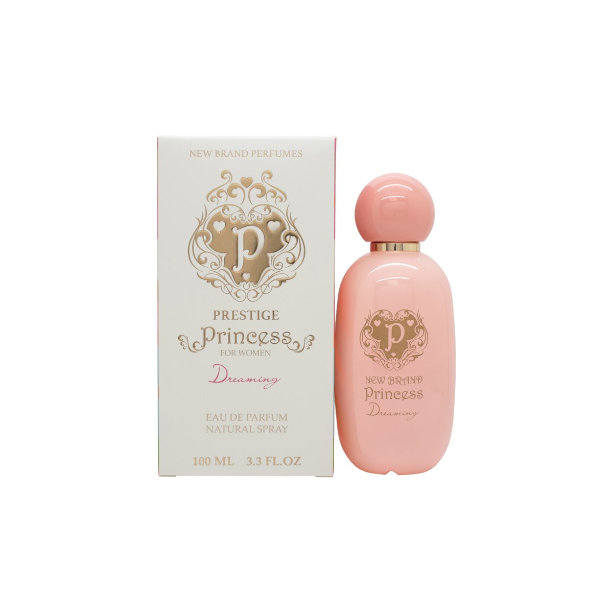 New Brand Prestige Princess Dreaming Eau de Parfum 100 ml fra New Brand, lyserød flakon med guldkant og rund prop.