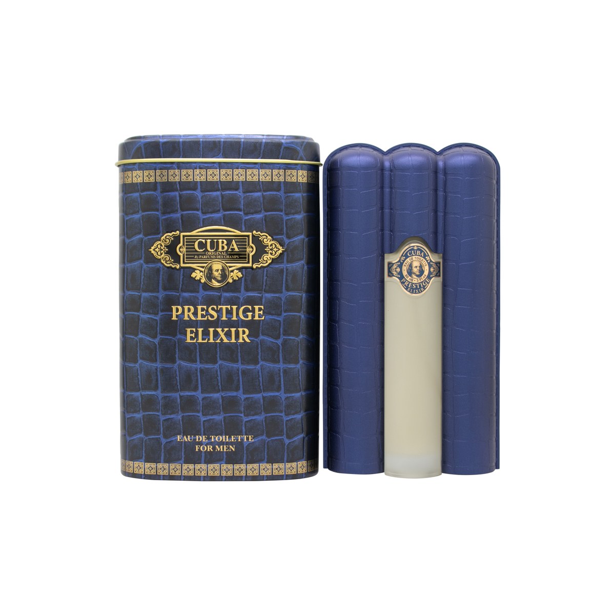 Cuba Prestige Elixir For Men Eau de Toilette 90 ml fra Cuba i cigarformet ravfarvet flakon med sort etui og guldlogo