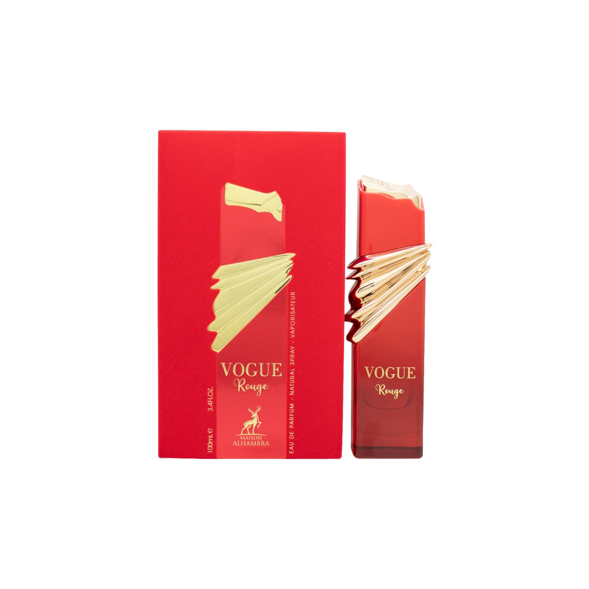 Maison Alhambra Vogue Rouge Eau de Parfum 100 ml, Maison Alhambra – rød glasflakon med gyldent låg og elegant, minimalistisk design