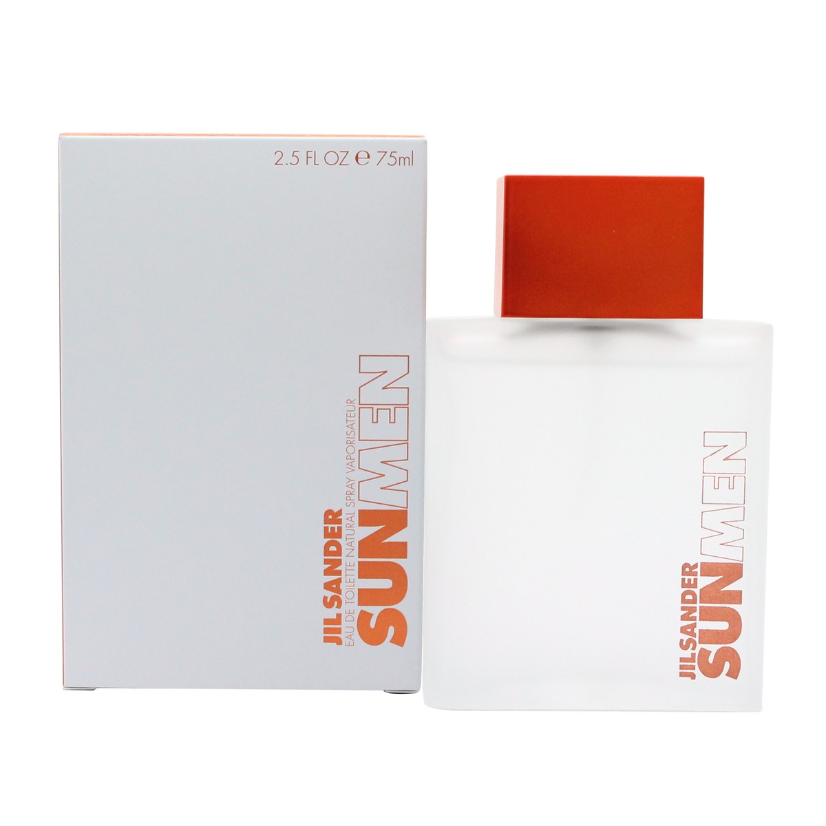 Jil Sander Sun Men Eau De Toilette, Jil Sander, 75 ml i mat hvid rektangulær flakon med kanter og solgul typografi