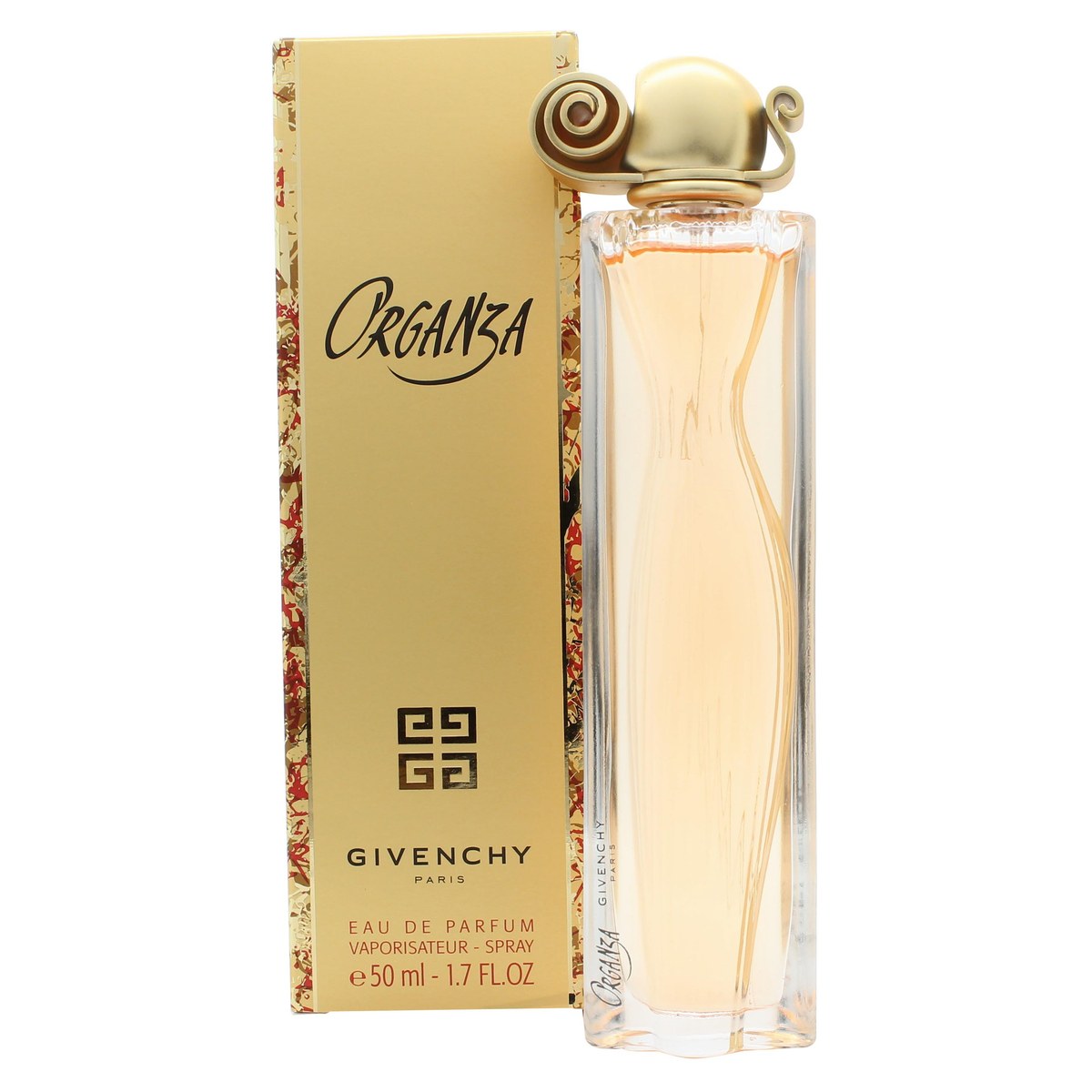 Organza Eau De Parfum Givenchy 50 ml, ravfarvet flakon i spiralformet klart glas med gyldent låg