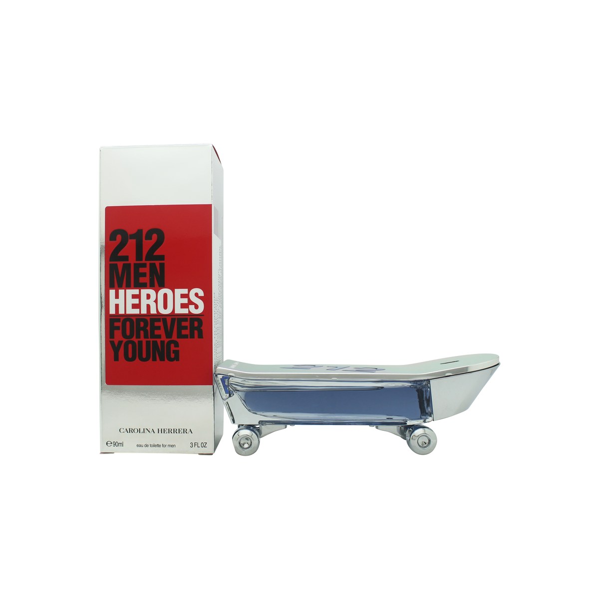 212 Men Heroes Eau De Toilette, Carolina Herrera, 90 ml – skateboardformet sølvflaske med blå detaljer og urban finish
