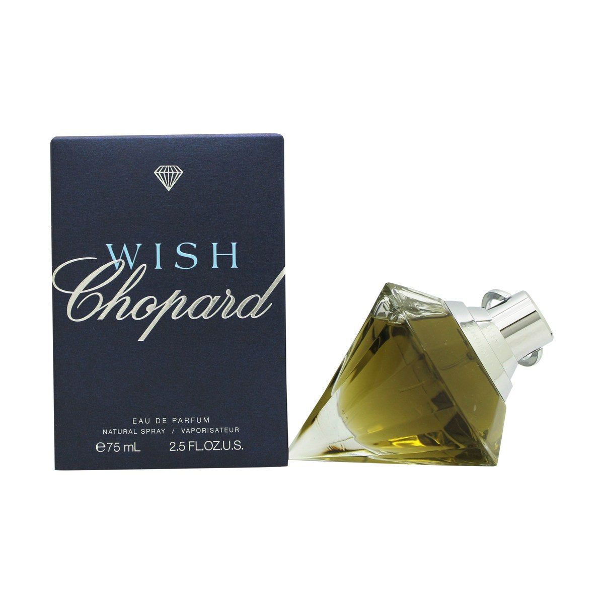 Wish Eau De Parfum Chopard 75 ml, blå diamantformet parfume-flakon i facetteret glas med gyldent låg