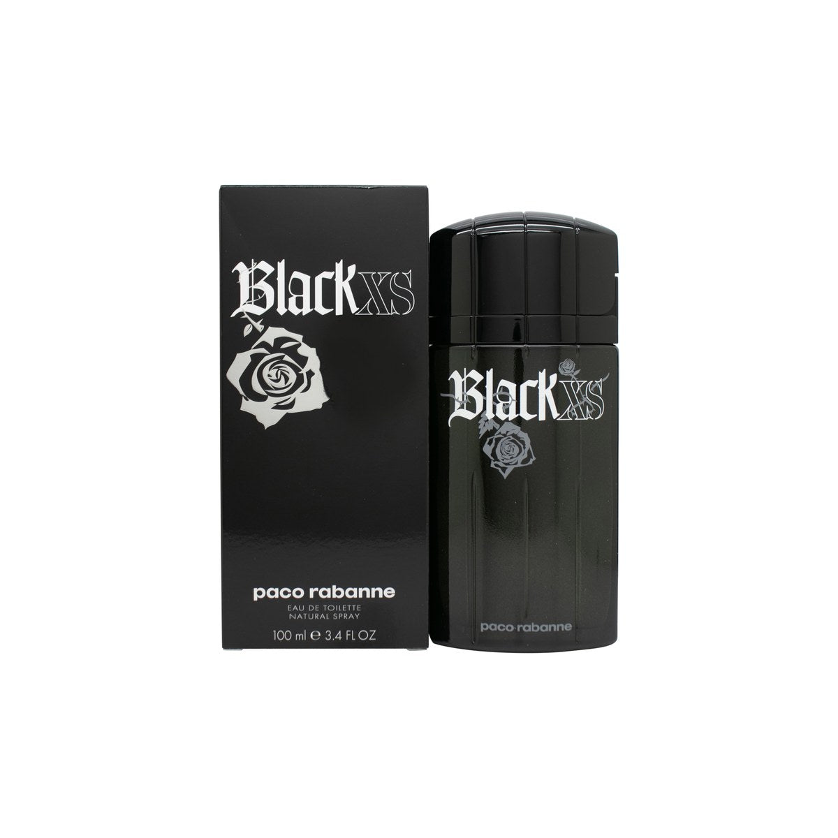 Paco Rabanne Black XS Eau de Toilette 100ml, Paco Rabanne 100 ml – sort-rød rund flakon med mat finish og sølvlogo