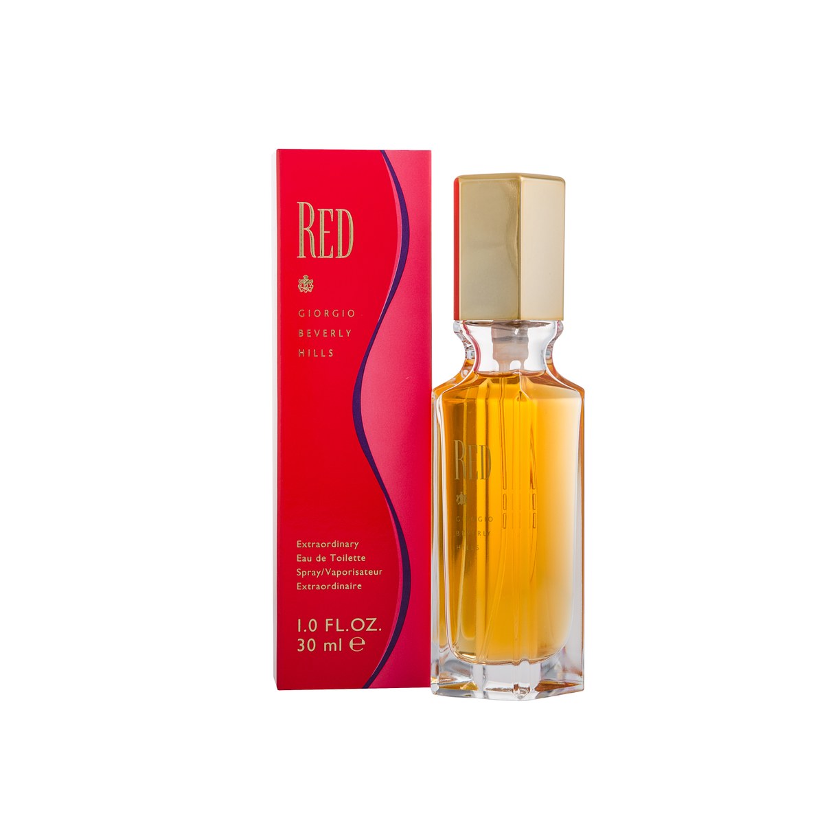 Giorgio Beverly Hills Red Eau de Toilette 30 ml, rød firkantet glasflakon med guldkappe og gyldent logo