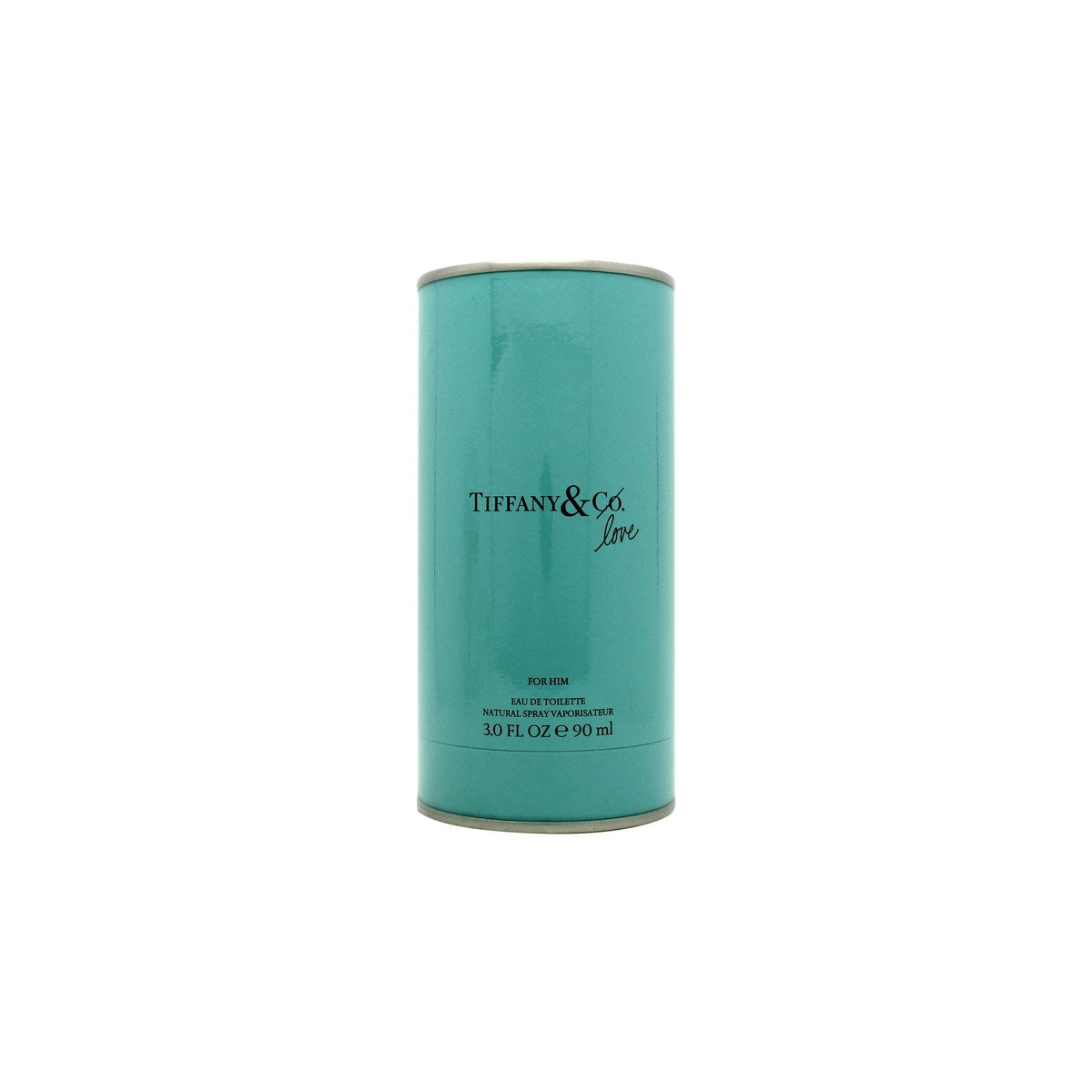 Tiffany & Co Love for Him Eau de Toilette 90 ml – klar cylindrisk glasflaske med sølvfarvet låg og lyseblå detalje