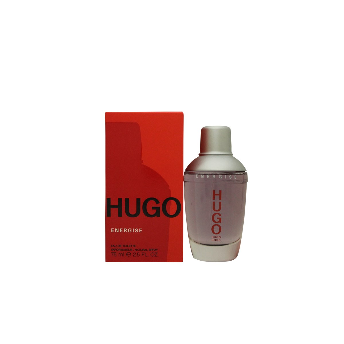 Hugo Boss Energise Eau de Toilette 75 ml i klar cylinderformet flakon med sølvgrå låg og rødt logo på glas