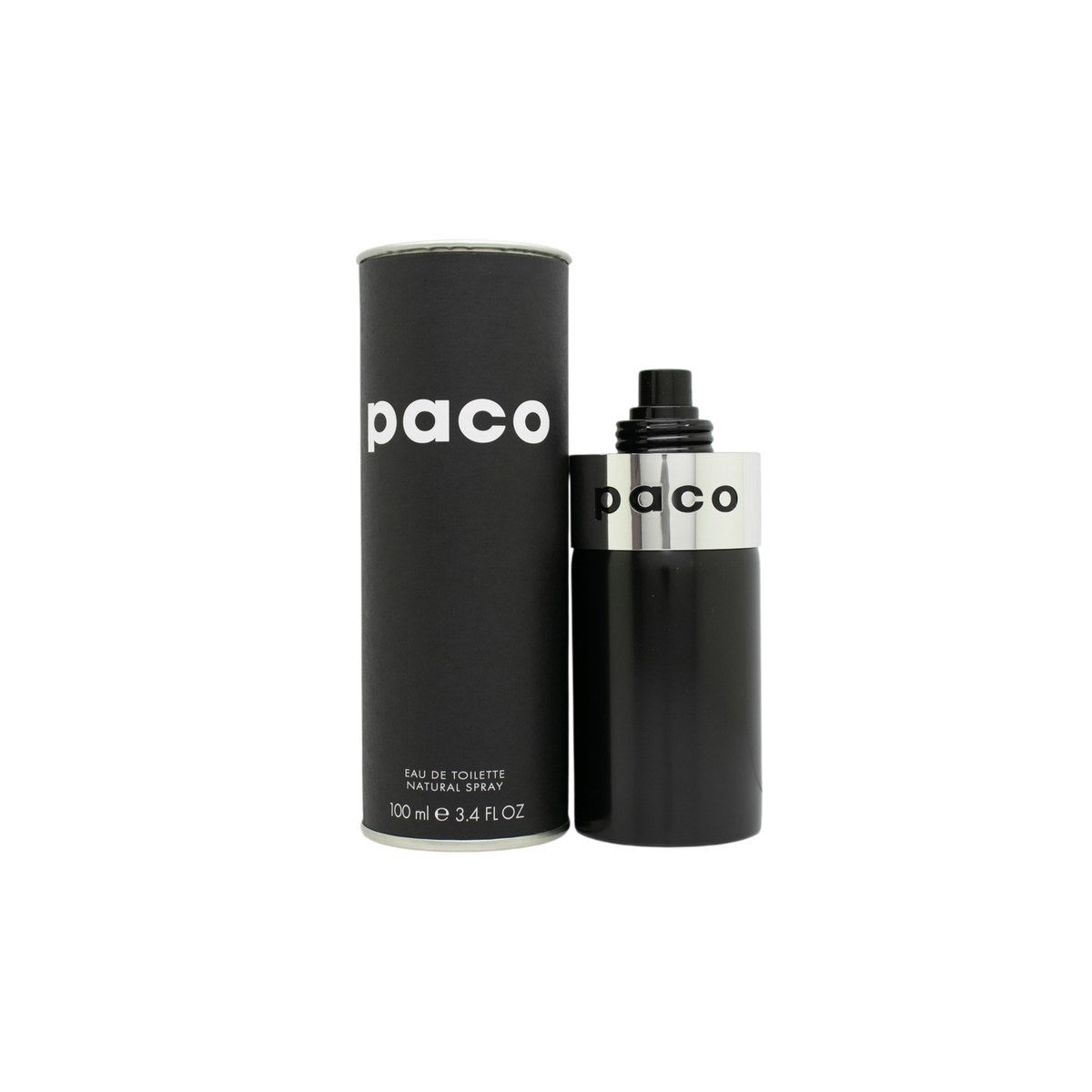 Paco Rabanne Paco Eau de Toilette 100 ml – klar rund glasflaske med sort spraytop og minimalistisk logo