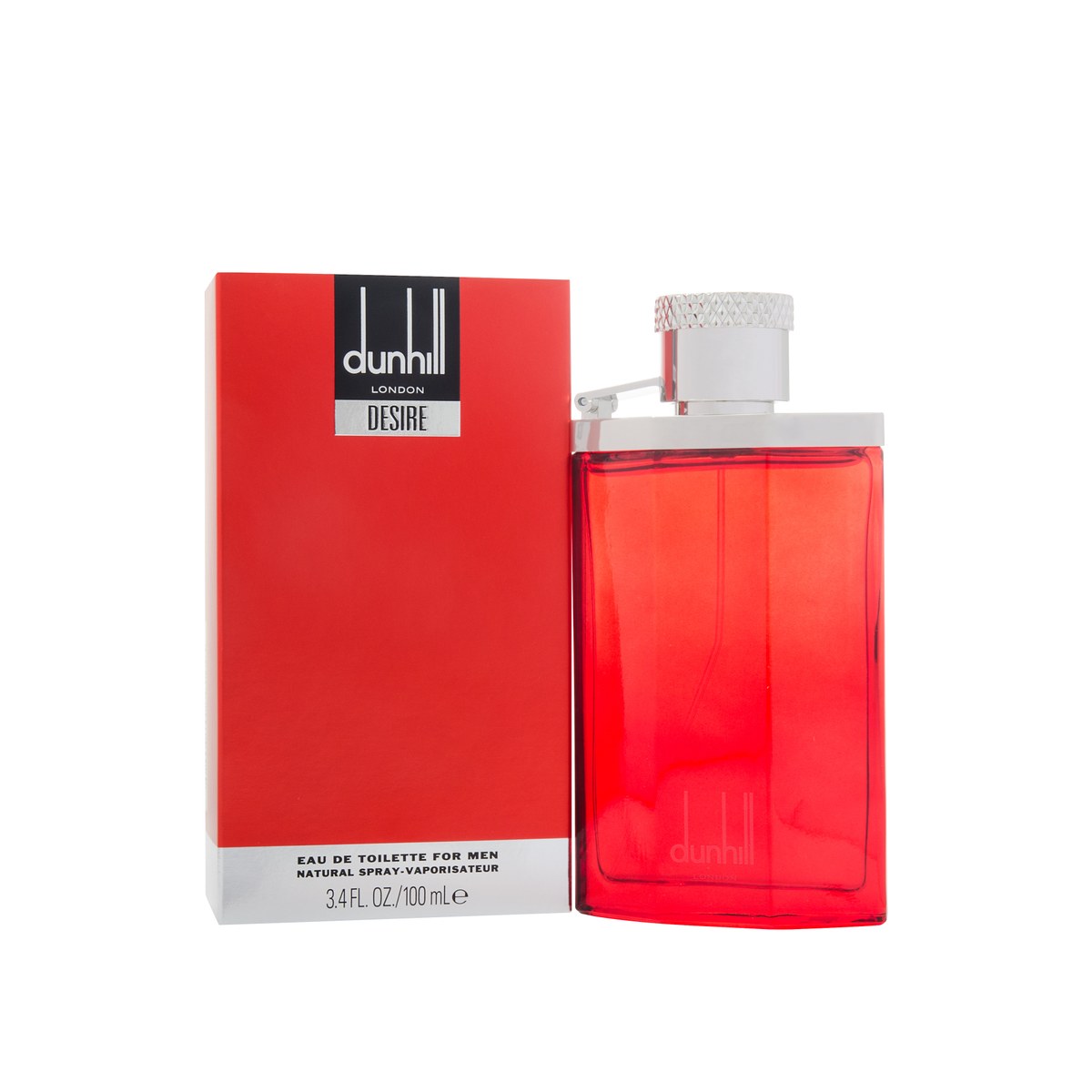 Dunhill Desire Eau de Toilette 100ml, Dunhill, 100 ml – rød rund glasflakon med sølvkapsel og minimalistisk logo på fronten