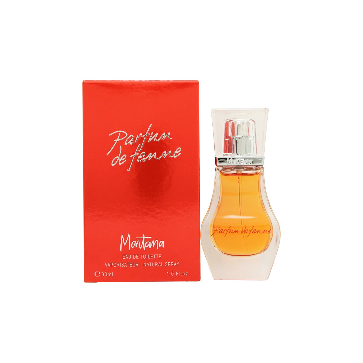 Montana Parfum de Femme Eau de Toilette 30 ml fra Montana – buet ravfarvet glasflaske med gylden spraytop og sort låg