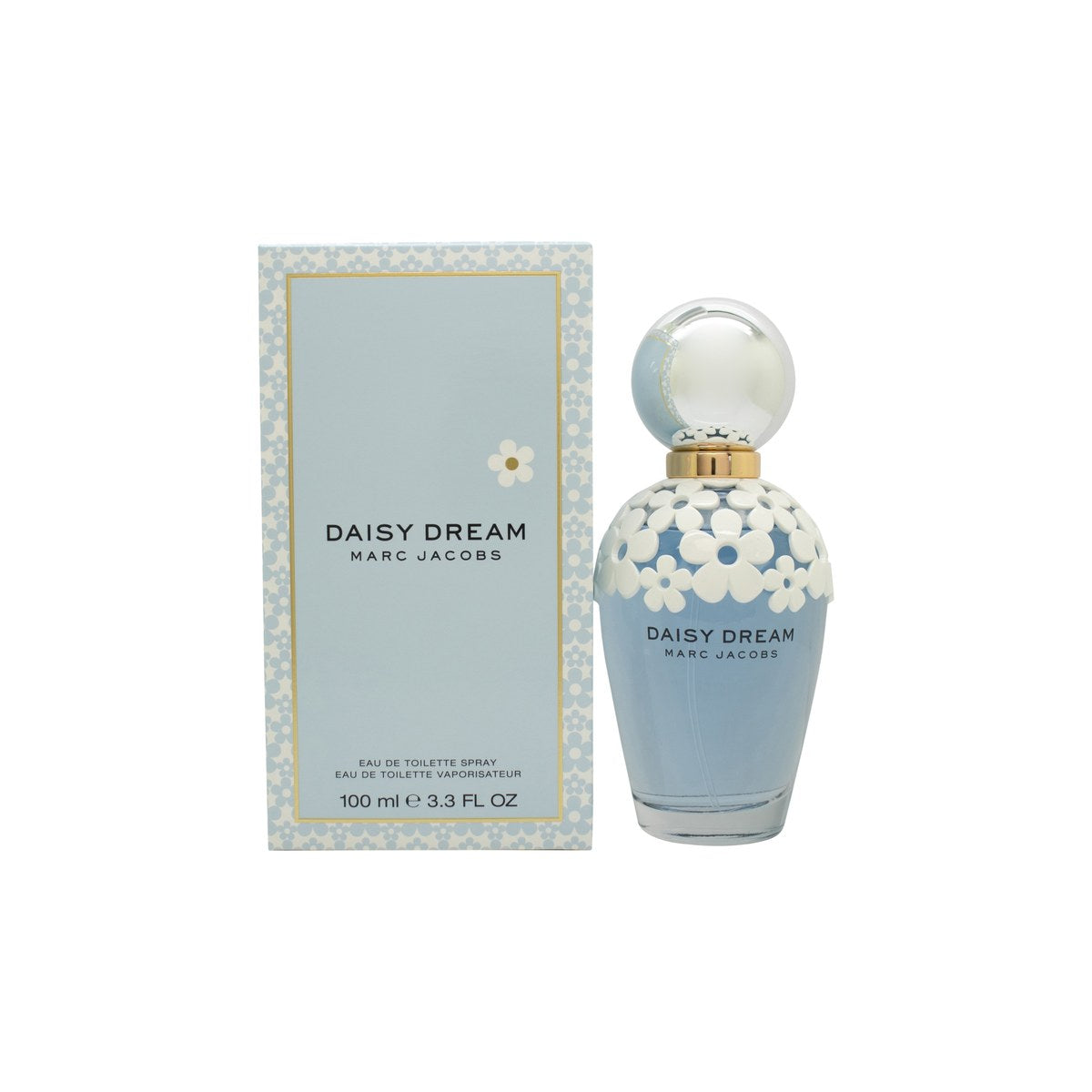 Daisy Dream Eau De Toilette Marc Jacobs 100 ml, lyseblå flaske med runde former og hvide margueritter på låget.