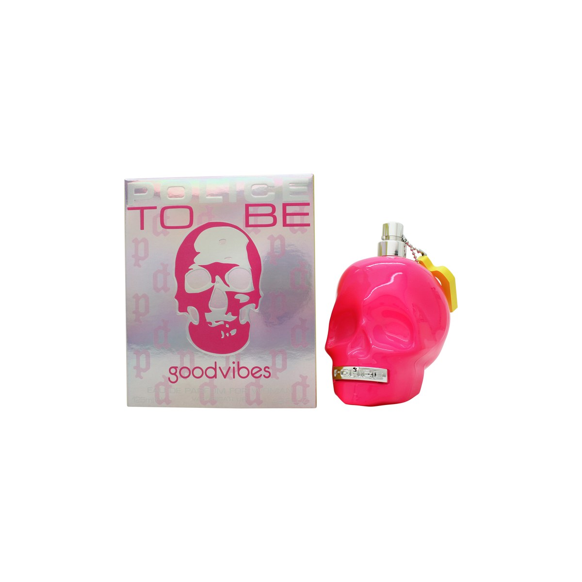 Police To Be Goodvibes For Her Eau de Parfum, Police, 125 ml – pastelfarvet kranieflaske med blomsterprint og solbriller-detalje