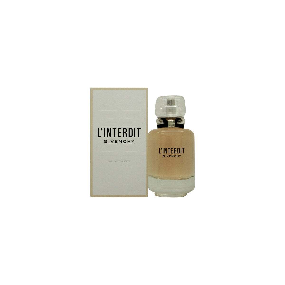 L'Interdit Eau De Toilette Givenchy 80 ml klar glasflaske med bløde kanter, sort låg og sort bånd med 4G-logo