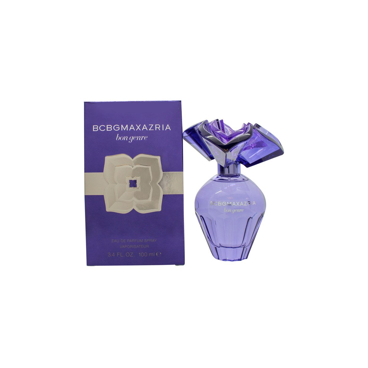 BCBGMAXAZRIA Bon Genre Eau de Parfum 100 ml i facetteret lyserød glasflakon med sølvfarvet låg og nittepyntet sløjfe