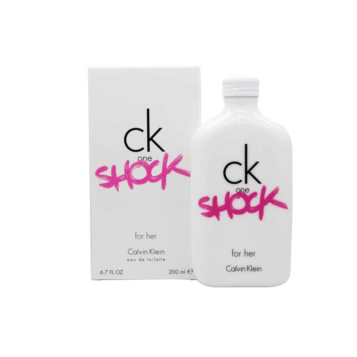 Ck One Shock For Her Eau De Toilette, Calvin Klein, 200 ml hvid flaske med pink graffiti, mat finish og ikonisk CK One form