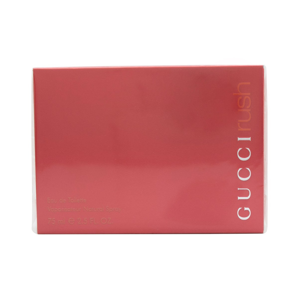 Rush Eau De Toilette, Gucci, 75 ml – rød rektangulær flaske i blank plast med sort logo, enkel og markant form