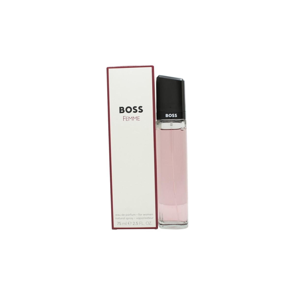 Boss Femme Eau De Parfum Hugo Boss 75 ml – oval flaske i lys ferskenfarvet glas med bløde linjer og sølvfarvet låg
