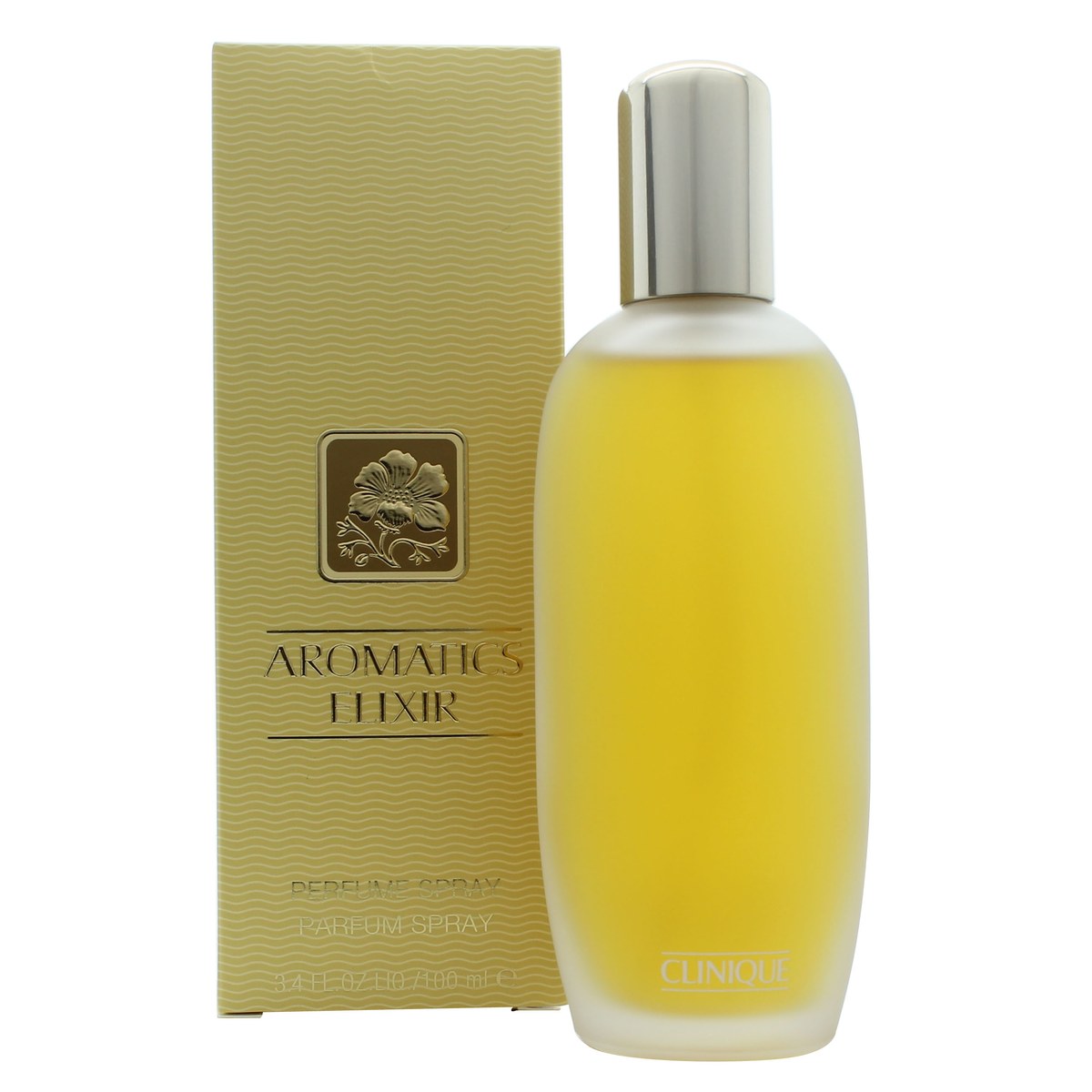 Clinique Aromatics Elixir Eau de Parfum 100 ml fra Clinique, kvadratisk glasflakon med ravfarvet duft og sølvfarvet låg