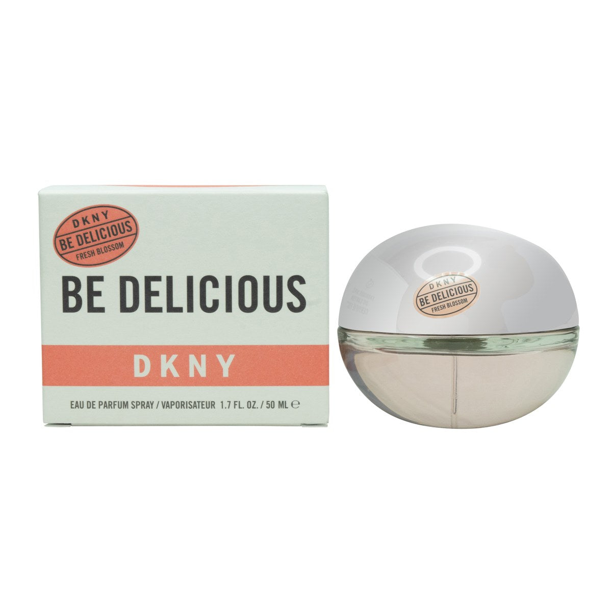 DKNY Be Delicious Fresh Blossom Eau de Parfum, DKNY, 50 ml – lyserød rund glasflakon med sølvkuglelåg i æbleform