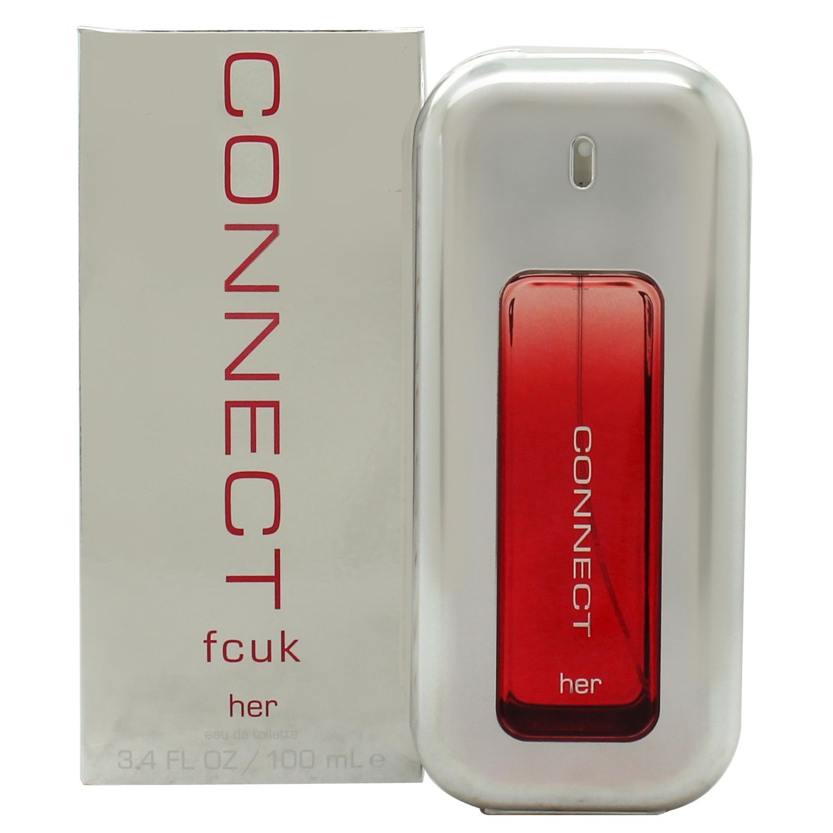 FCUK FCUK Connect Eau de Toilette 100 ml – rektangulær klar glasflaske med sølv spraytop og minimalistisk hvidt logo