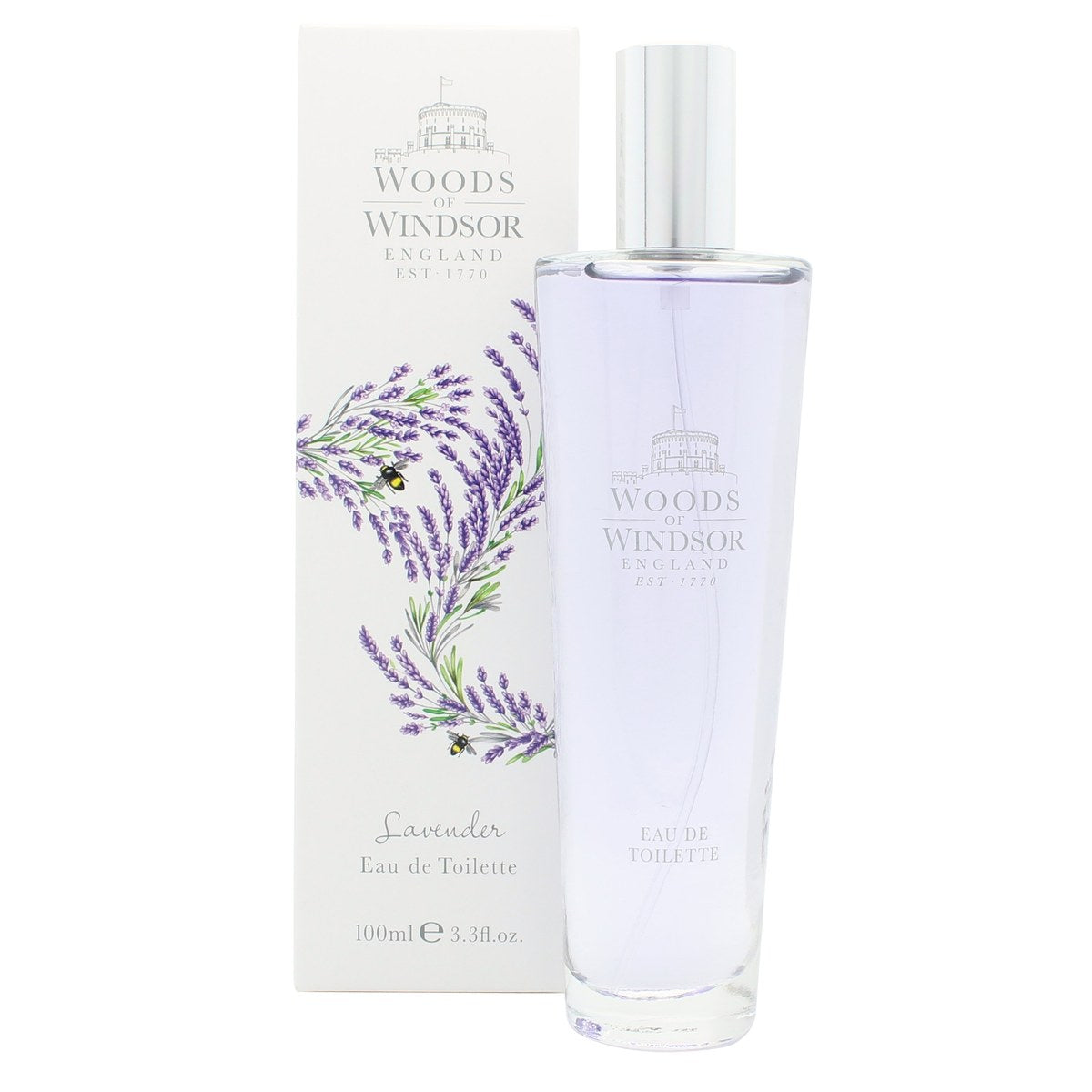 Woods of Windsor Lavender Eau de Toilette 100 ml klar glasflaske med lyslilla væske og sølvfarvet låg, enkel etiket.