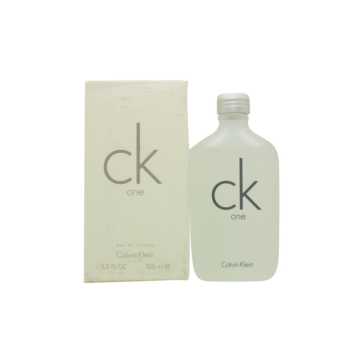 Ck One Eau De Toilette Calvin Klein 100 ml med mat glasflakon, enkel form og sort logo, sølv spraylåg.