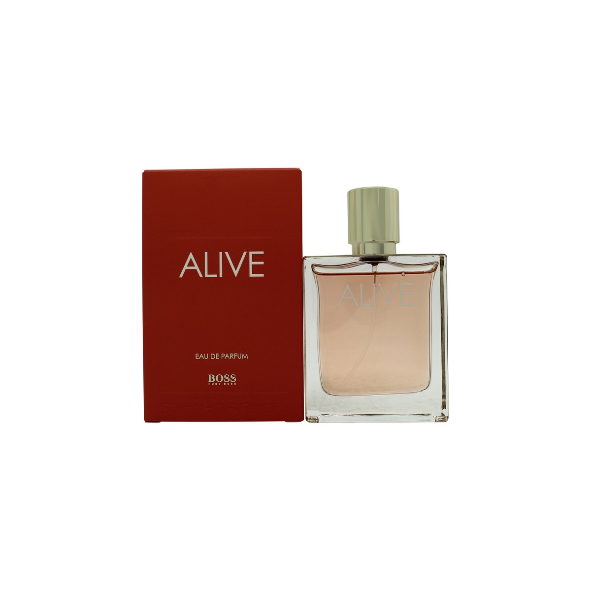 Alive Eau De Parfum, Hugo Boss 50 ml i klar rektangulær glasflaske med varm ravfarvet duft og gylden kapsel