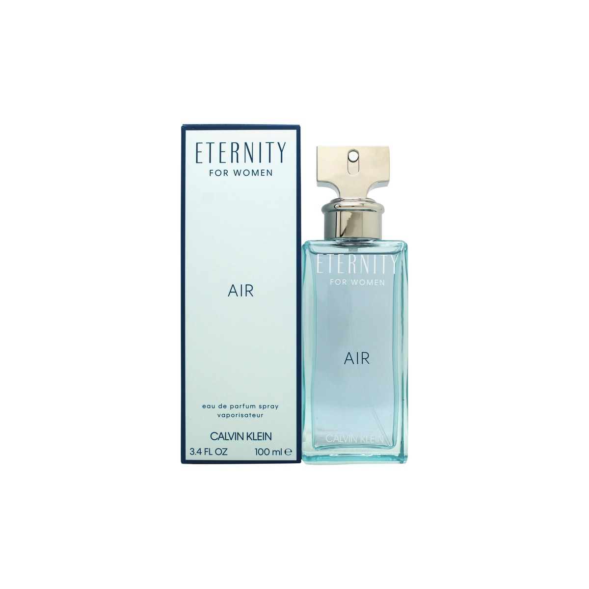 Calvin Klein Eternity Air for Women Eau de Parfum 100 ml klar glasflakon med sølvhals og turkis bund, minimalistisk design