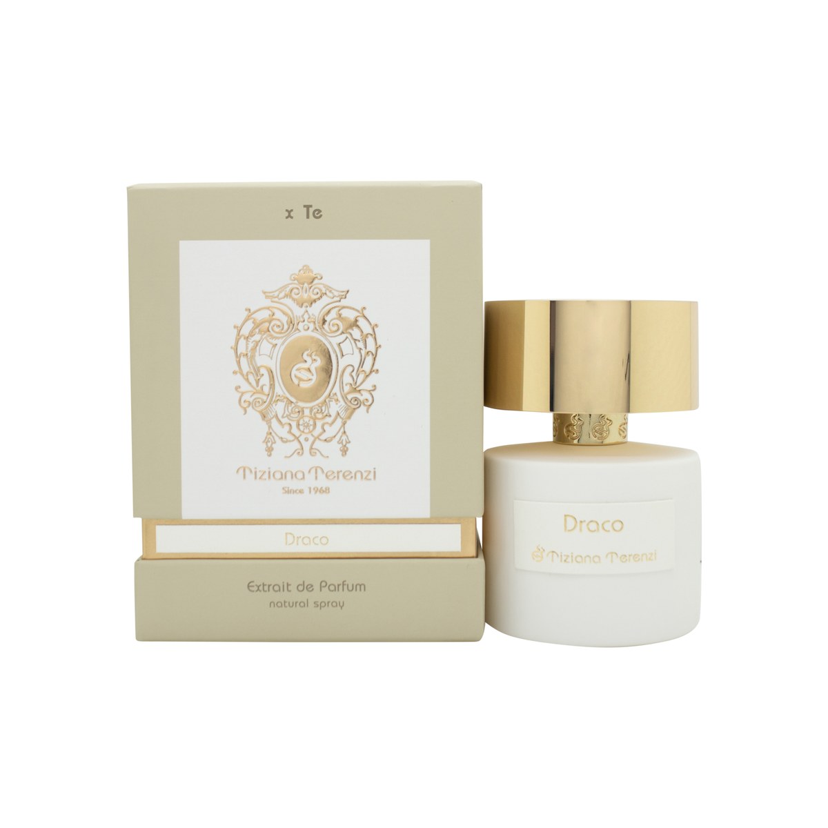Draco Eau De Parfum, Tiziana Terenzi, 100 ml – mørk glasflaske med gyldent låg, tung form og roligt, mystisk udtryk