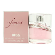 Boss Femme Eau De Parfum Hugo Boss 50 ml slank, lyserød glasflaske med afrundede former og sølvfarvet sprayhoved