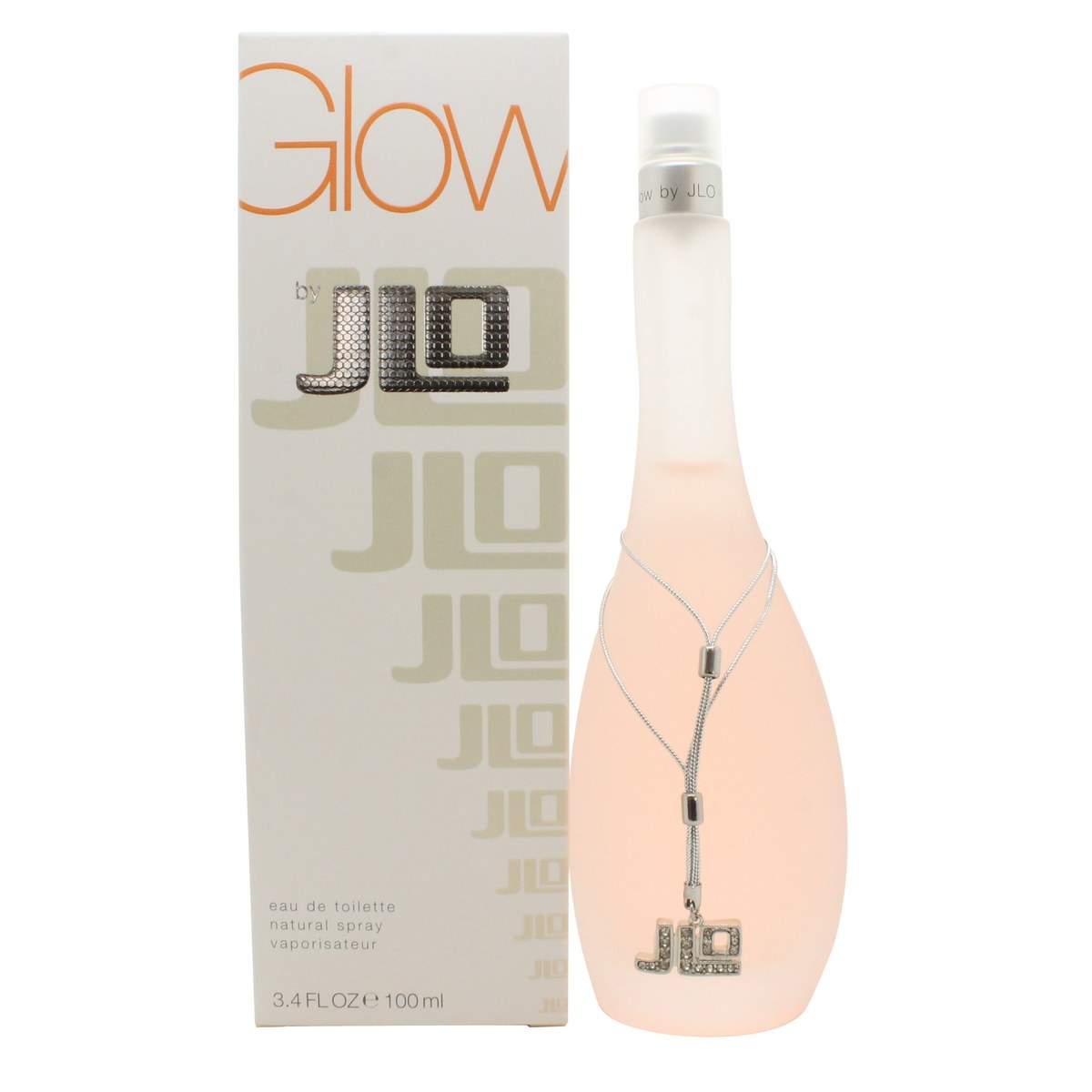 Jennifer Lopez Glow Eau de Toilette 100 ml – buet, frostet glasflaske med lyserød duft og sølvkæde om halsen