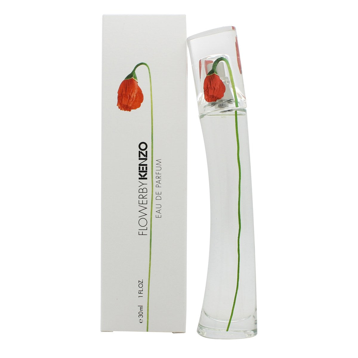 Kenzo Flower Eau de Parfum 30 ml fra Kenzo, slank klar glasflakon med rød valmue og sølvfarvet hætte